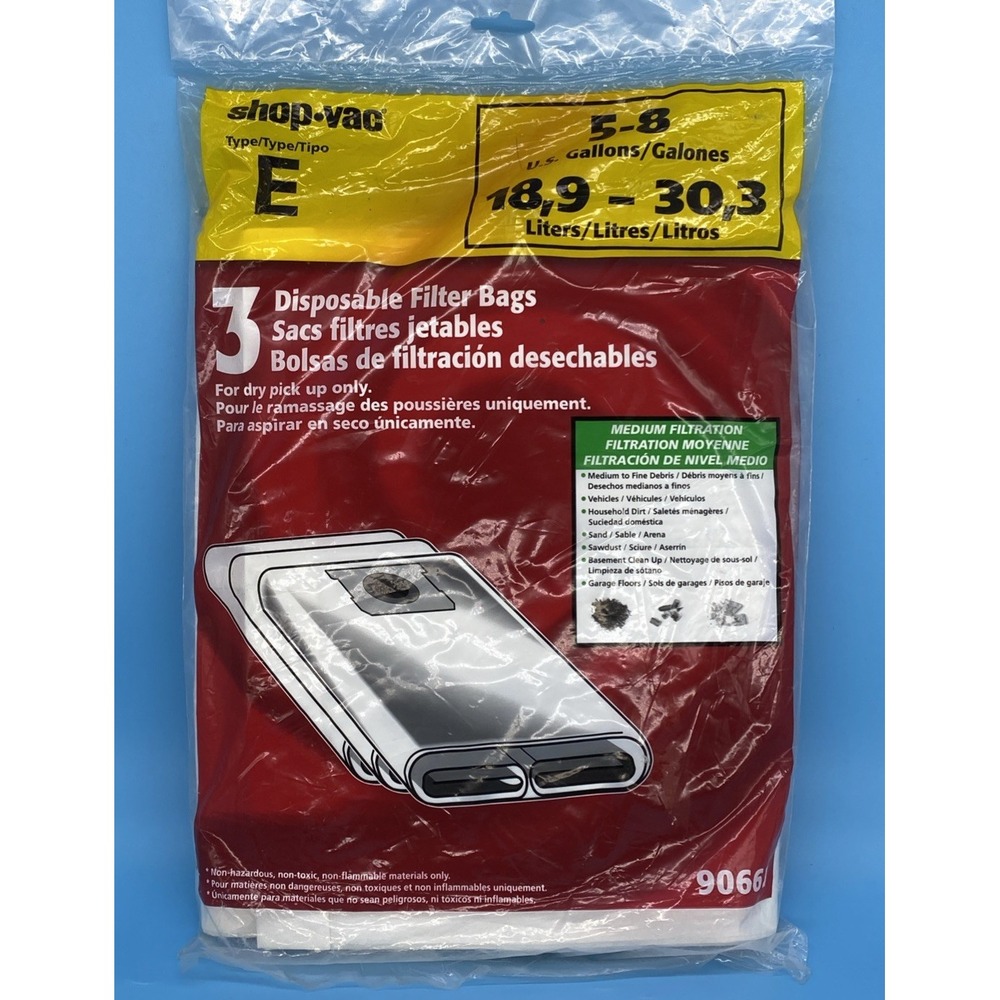 New Genuine Shop-Vac Type E 90661 3PK Disposable Filter Bags 5 to 8 Gallon Tank